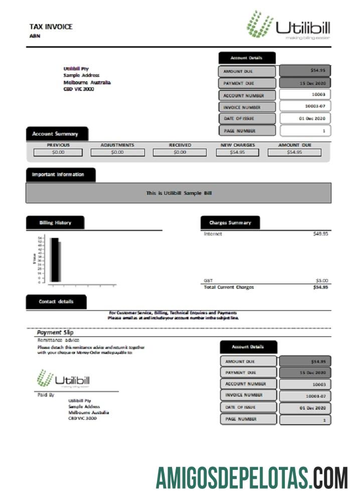 Em branco modelo fácil de preencher do Utilibill da Austrália em formato Word e PDF (.doc e .pdf)